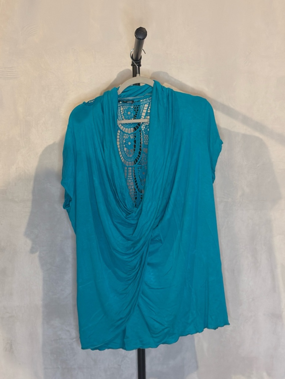 B’Leev Teal Draped Front Lace Back Top Size 2X